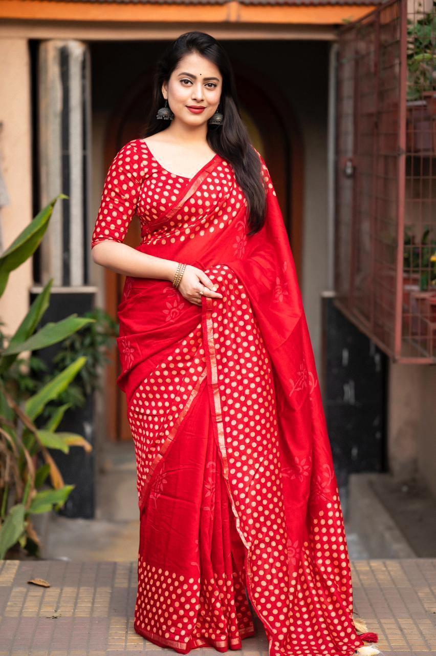Red Pure Chanderi cotton saree featuring intricate traditional hand block prints and matching unstitched blouse fabric.