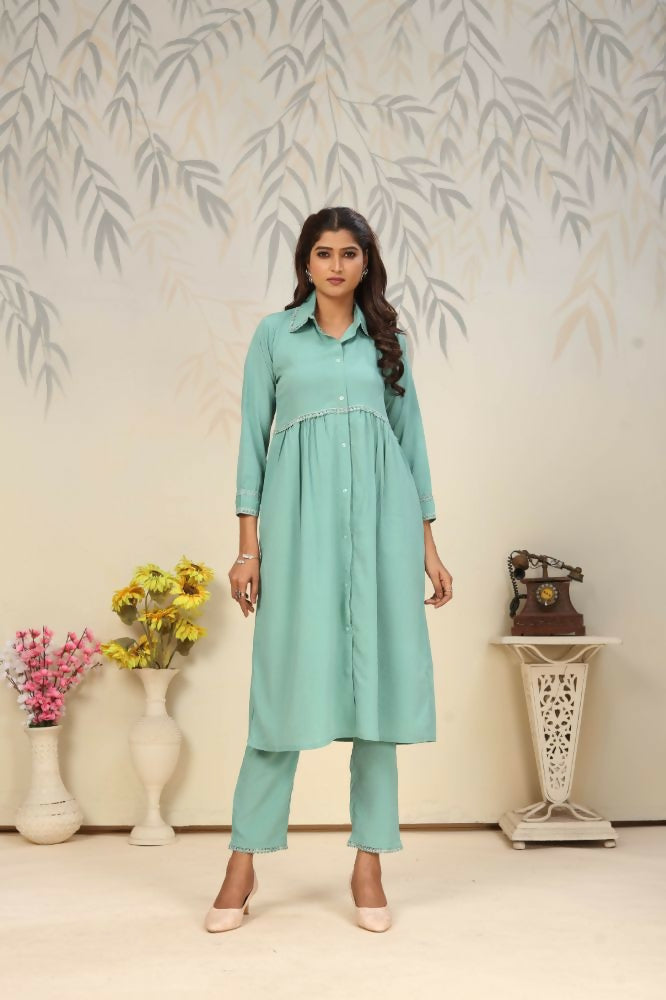 Sea green Rinkal cotton straight kurta with collar neck and side pockets