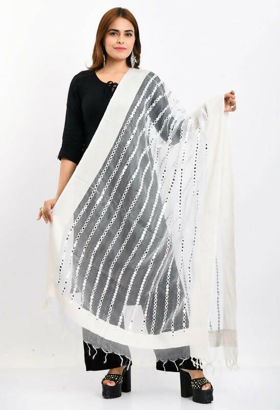 White organza dupatta featuring elegant mirror stripes and intricate thread work.