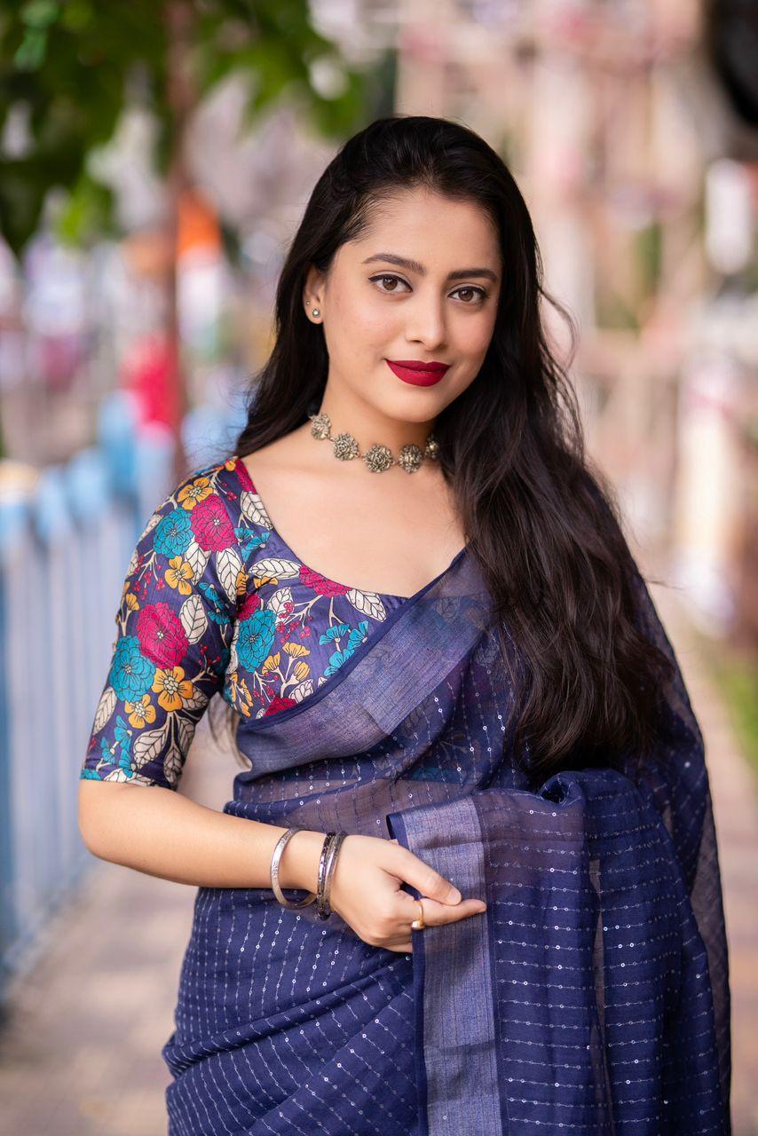 Nblue Linen Sequence Saree with Golden Pattu Border