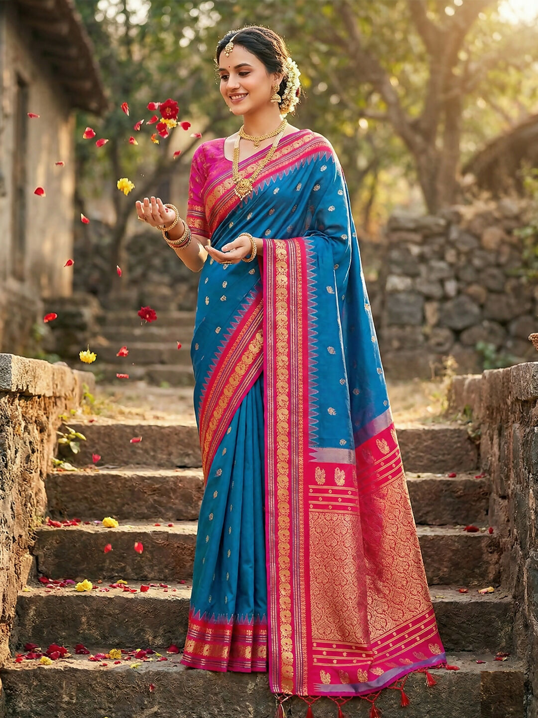 Elegant blue soft silk saree with a premium, smooth finish.