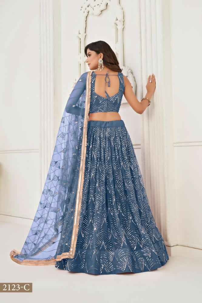 Peach Butterfly Net Lehenga Choli with Mirror and Thread Work