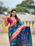 Firozi blue Soft Banarasi Silk Saree with gold Zari weaving and Meenakari accents