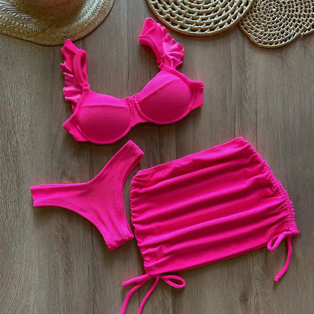 Women's Hot Pink Ribbed Three-Piece Bikini Set with Cover-Up