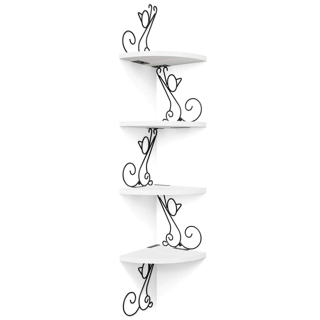 Alsonerbay Floating Corner Wood Shelves 4 Tier Wall Mounted Rustic Storage Shelf Cat Shaped Shelving for Wall Solid Wooden Decor for Living Room Bedroom Kitchen Bathroom Office White