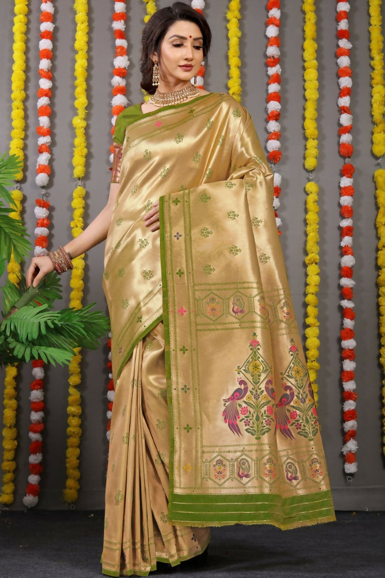 Green Paithani silk saree with intricate gold Zari woven pattern
