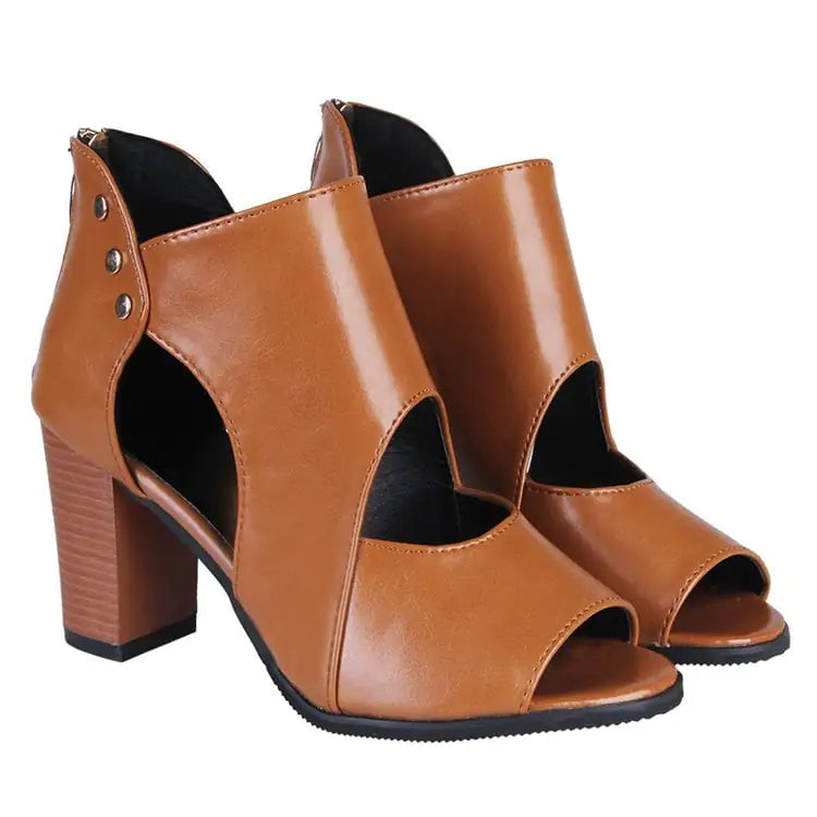 Women's Mid-Heel Cutout Sandals with Zipper and Peep Toe - Image 10