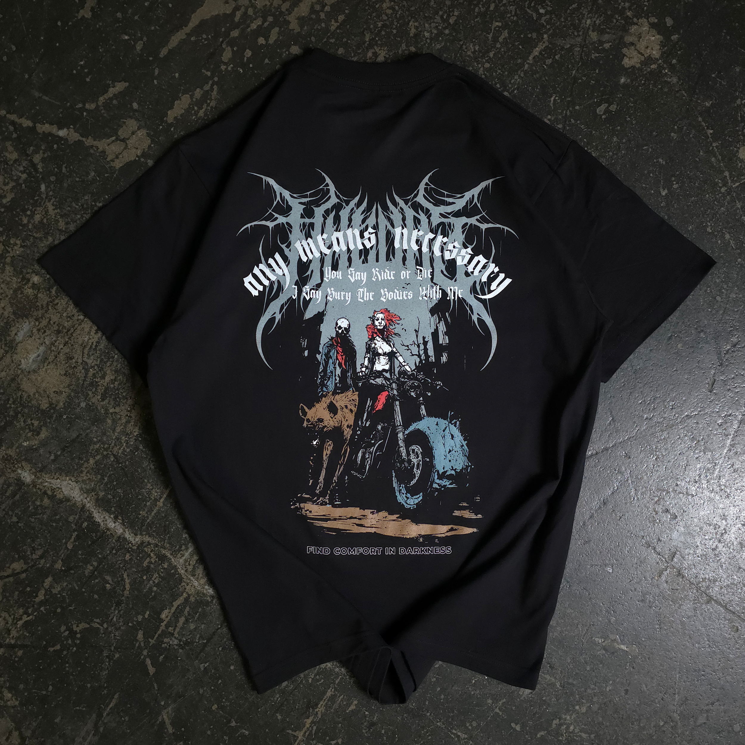 Black heavyweight t-shirt featuring front and back Ride or Die graphic art