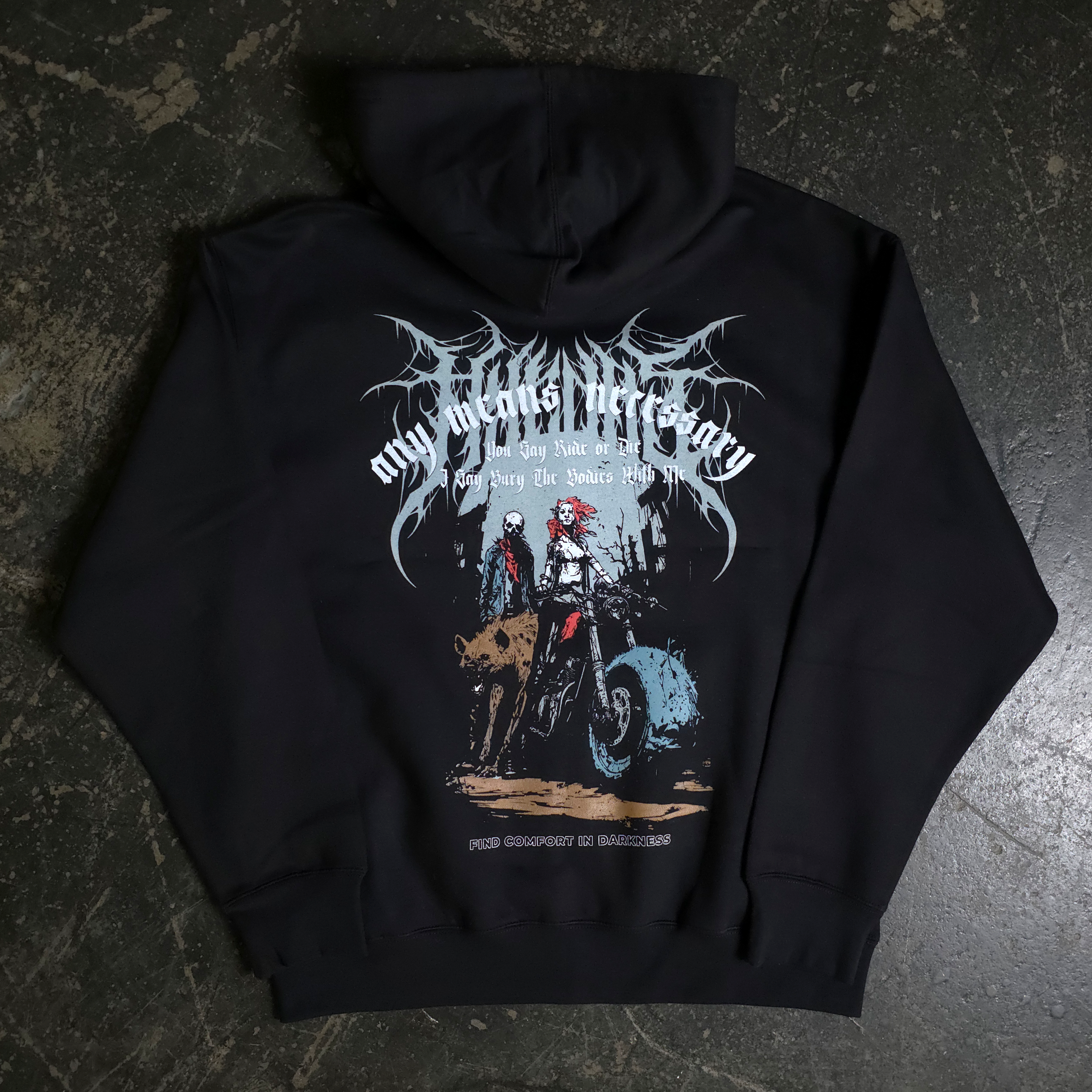 Black zip up hoodie featuring Ride or Die graphic artwork on the back and chest