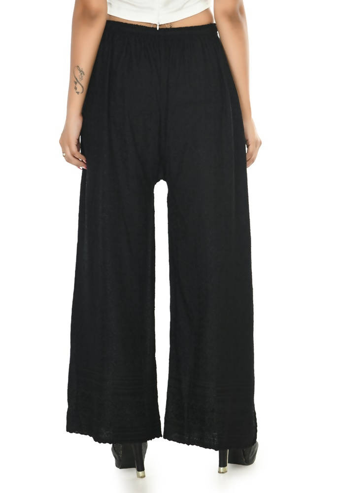 Black Chikankari Work Palazzo Pants in Rayon Cotton