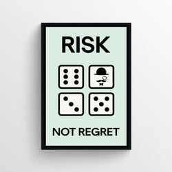 Minimalist pastel poster with Monopoly-style dice grid and bold motivational typography.