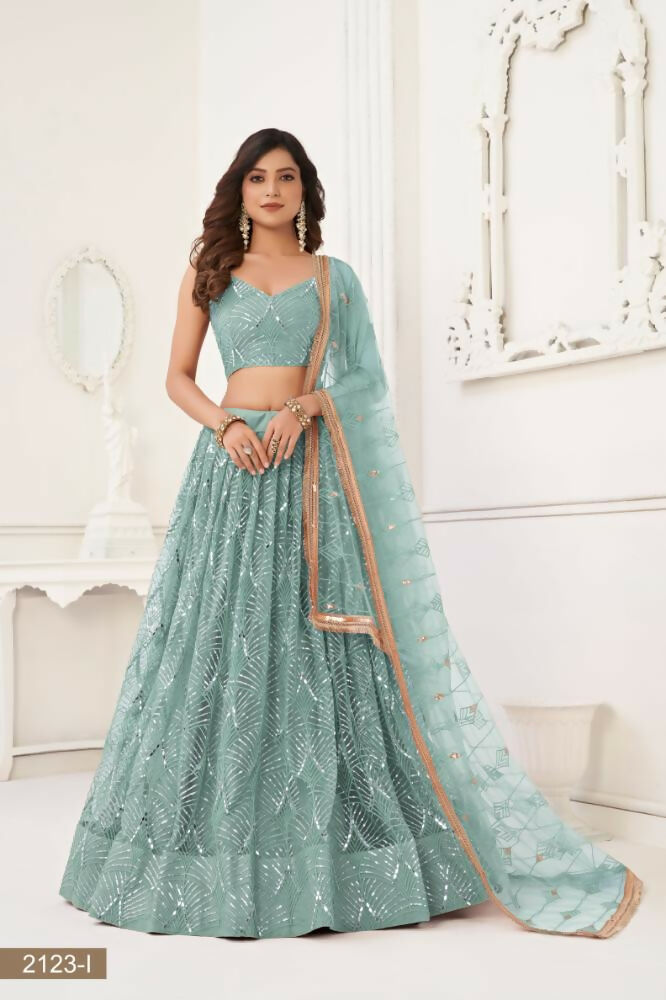 Ocean blue butterfly net lehenga with authentic mirror work and sequence embroidery