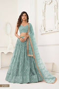 Ocean blue butterfly net lehenga with authentic mirror work and sequence embroidery