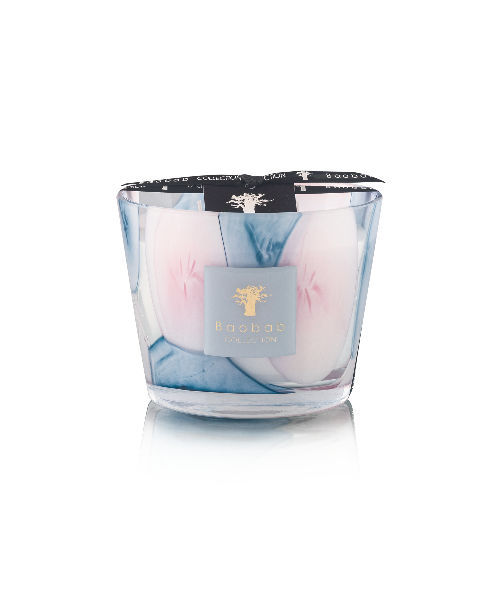 Baobab Riviera Leopolda Max 10 candle with pink and sky-blue oval patterns on transparent glass