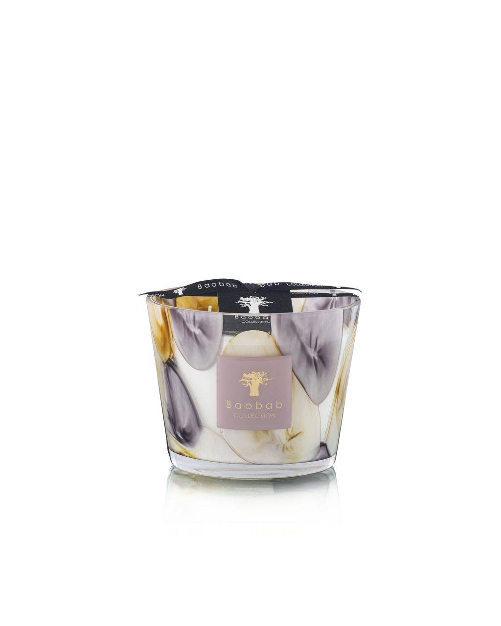 Baobab Collection EilenRoc Max 10 candle featuring abstract mauve and saffron yellow circles on a white hand-blown glass vessel.