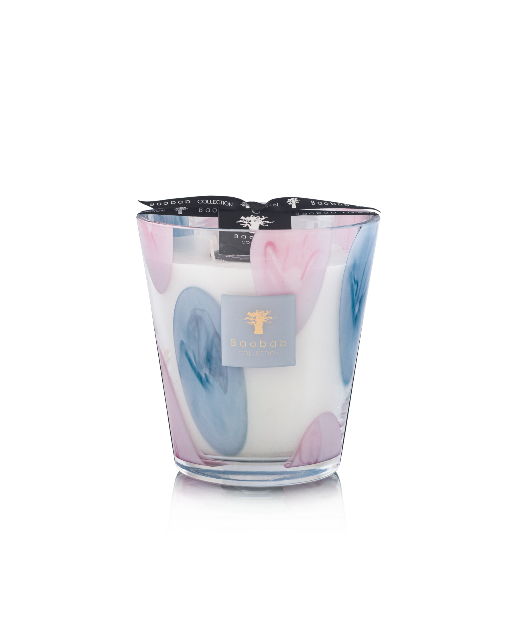 Baobab Collection Riviera Leopolda Max 16 candle with pink and sky-blue bubble pattern in transparent glass.