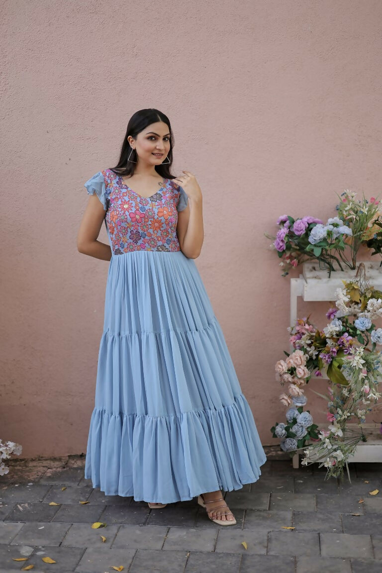 Jyoti Fashion Women's Grey Printed with Sequins Faux Georgette Anarkali Dress