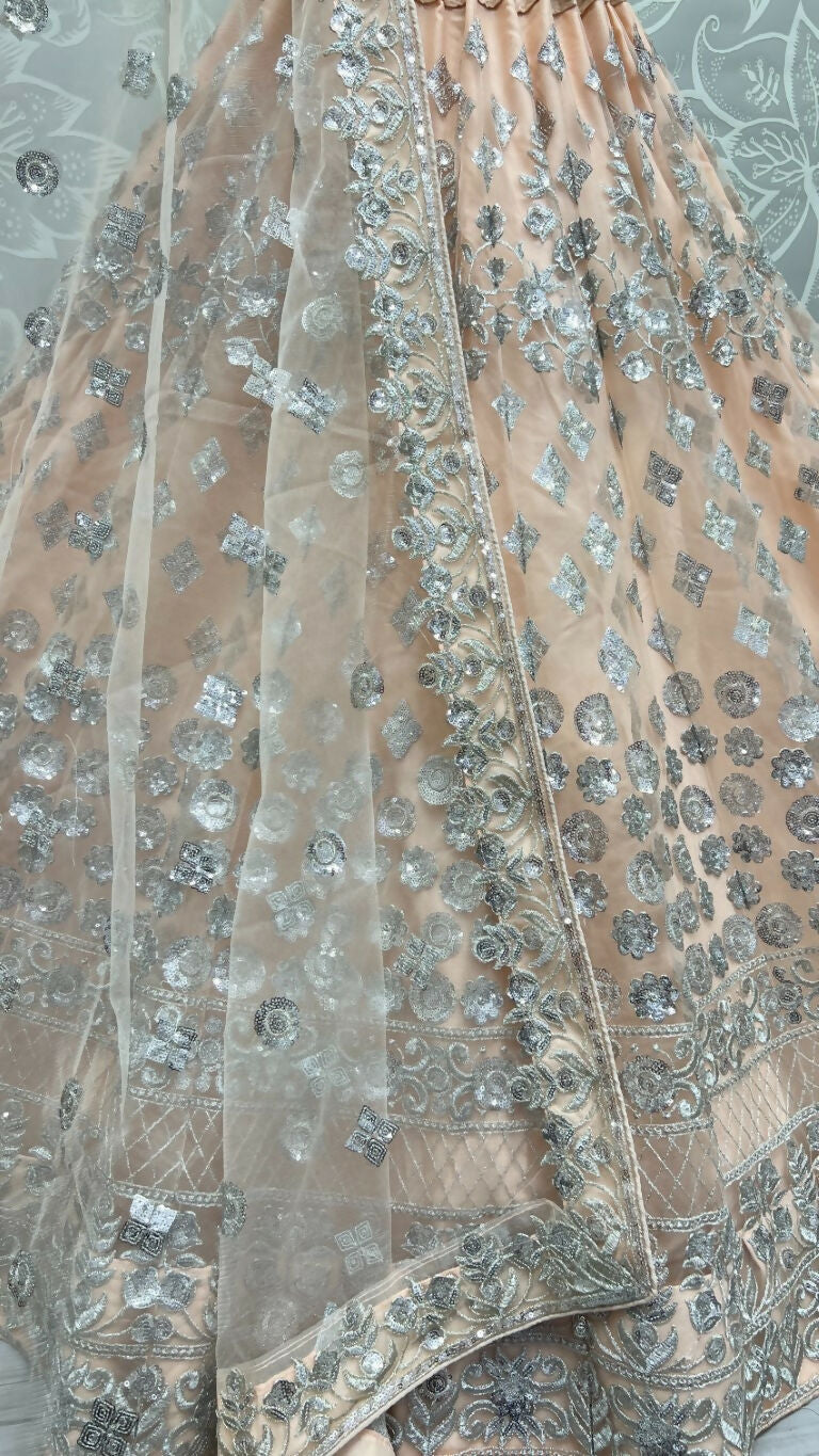 Peach Bridal Net Lehenga Choli with Zari & Thread Embroidery