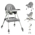 High Chairs for Babies and Toddlers 4 in 1 Convertible Baby High Chair Portable High Chair for Travel with Adjustable Height and Back Foldable High Chair with Wheels& Pu Cushion (Grey)