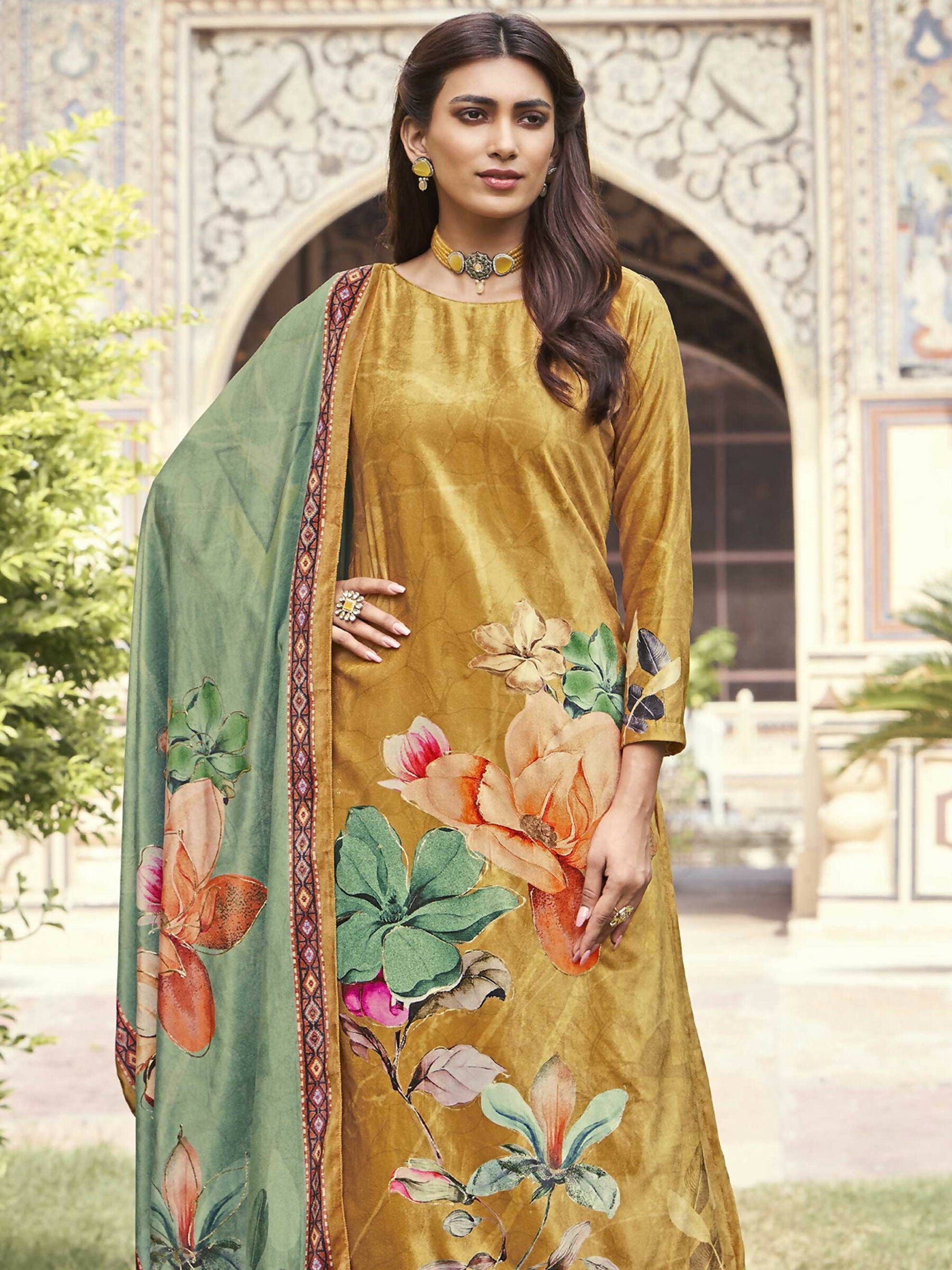 Mustard Velvet A-Line Floral Kurta Set with Palazzo and Dupatta