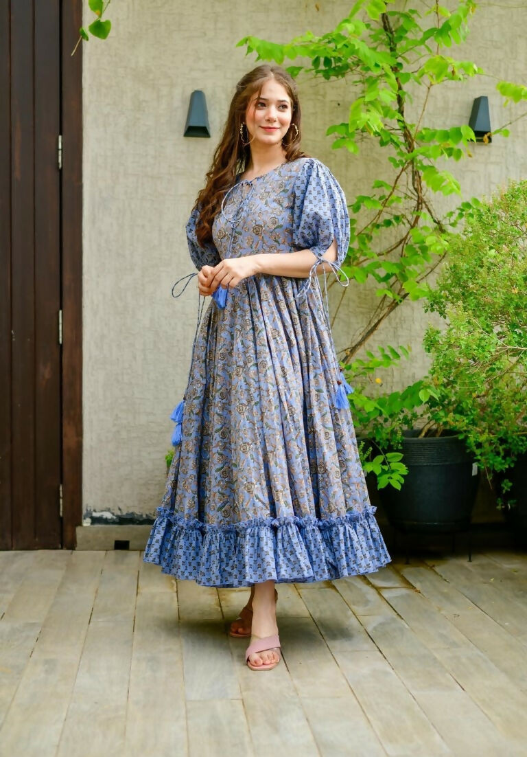 Women's Blue Heavy Digital Printed Cotton Silk Anarkali Dress