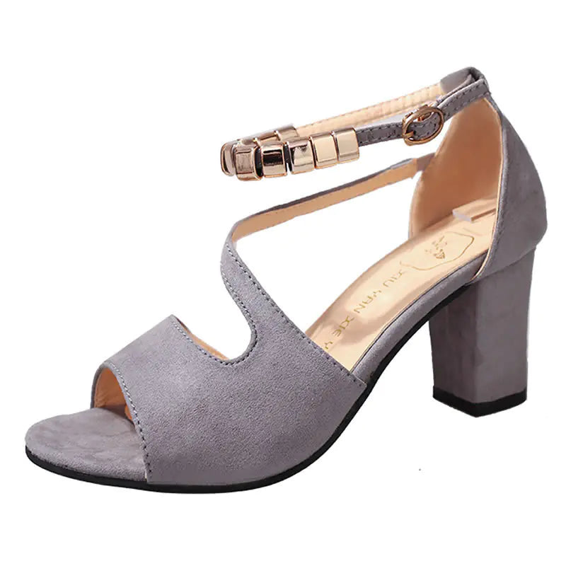 Women's suede mid-heel sandals featuring a fish-mouth design and buckle strap closure