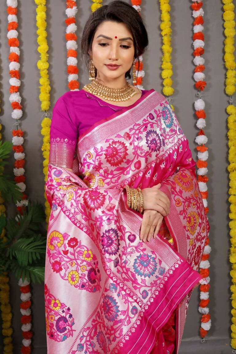Rani Pink Banarasi Silk Zari Woven Saree with Matching Blouse