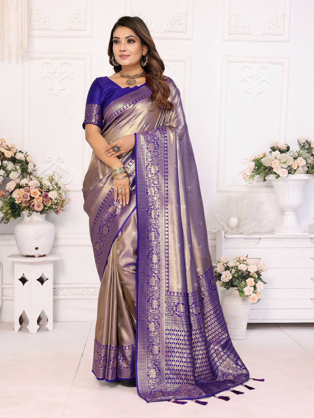 Regal royal blue tissue silk saree with refined weaving and soft sheen