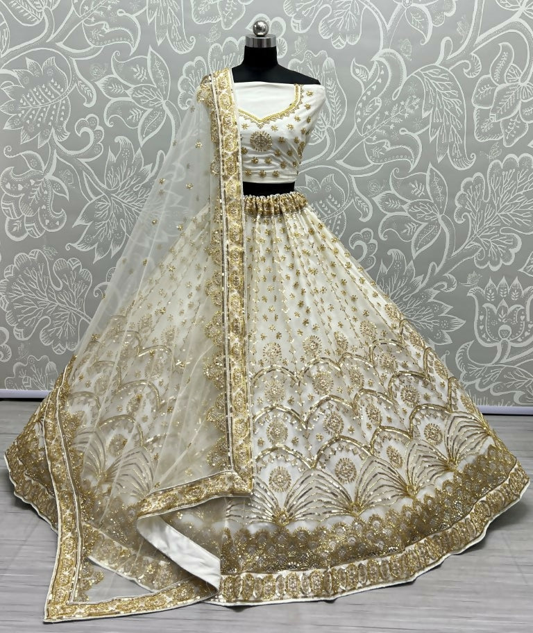 Off White bridal net lehenga choli with sequins and detailed handwork