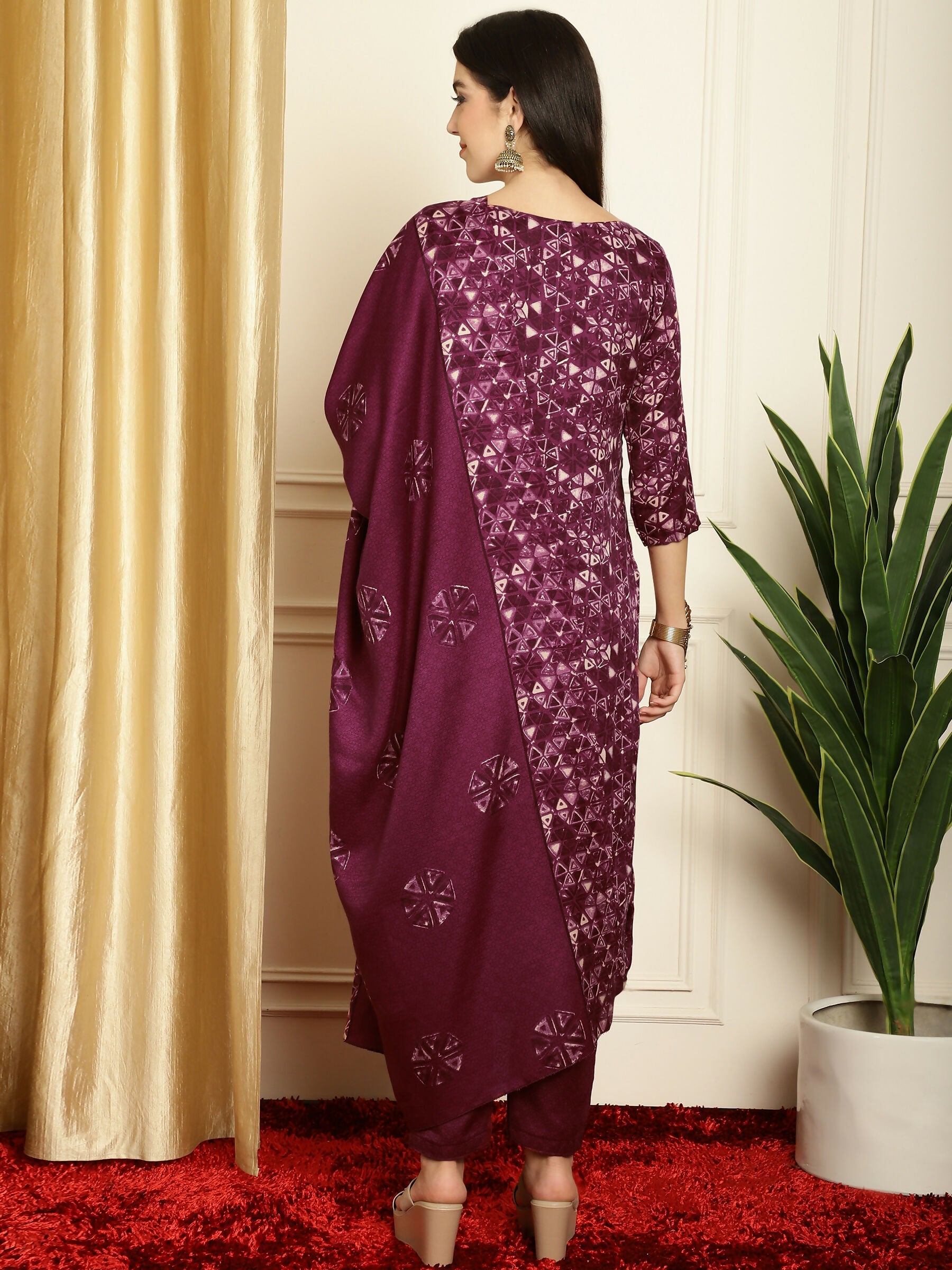 Women's Wine Pashmina Straight Kurta Set with Digital Floral Print