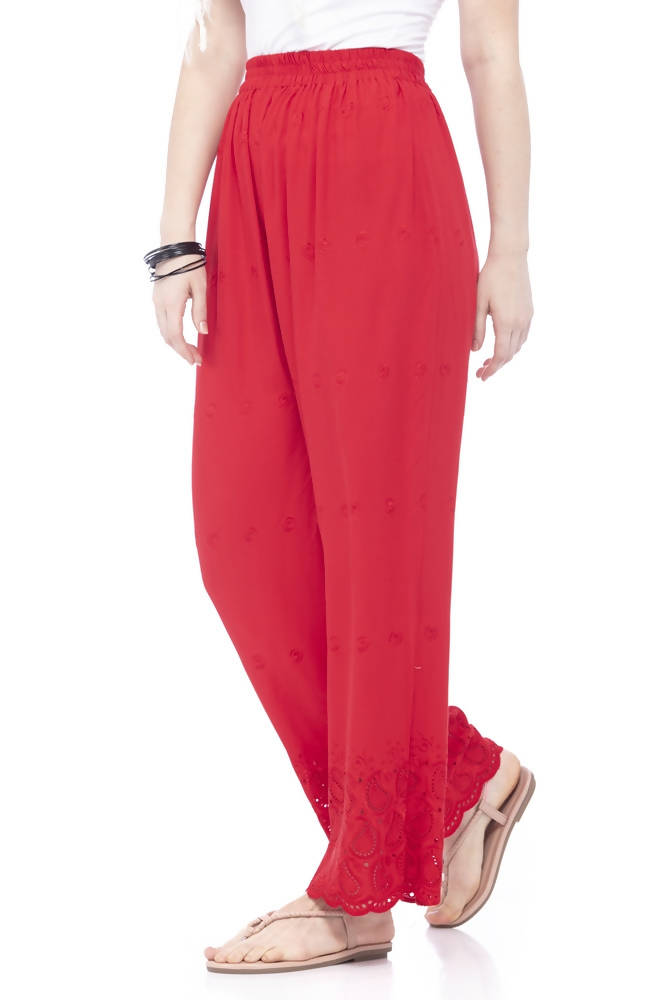 Women's Red Rayon Cotton Embroidered Chikan Palazzo Pants
