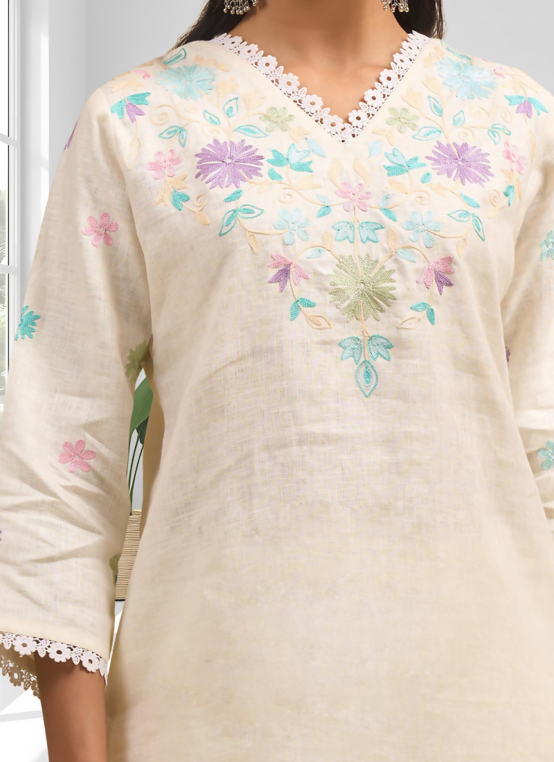 Cream Linen Embroidered Cord Set with V-Neck