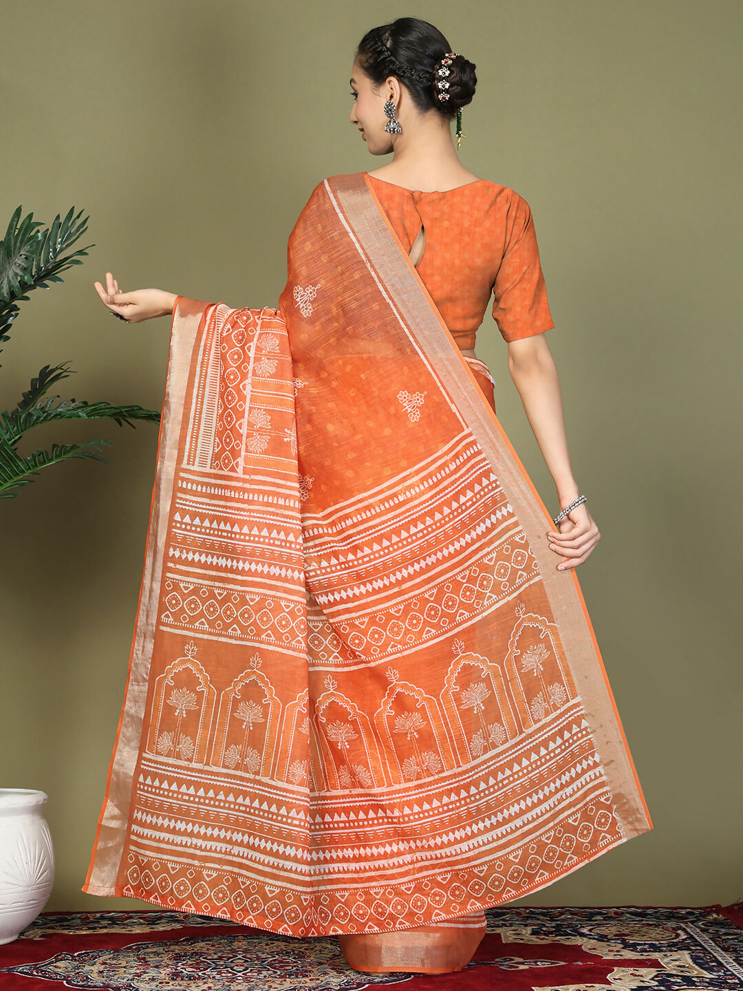 Bright Orange Cotton Saree for Women with Matching Blouse