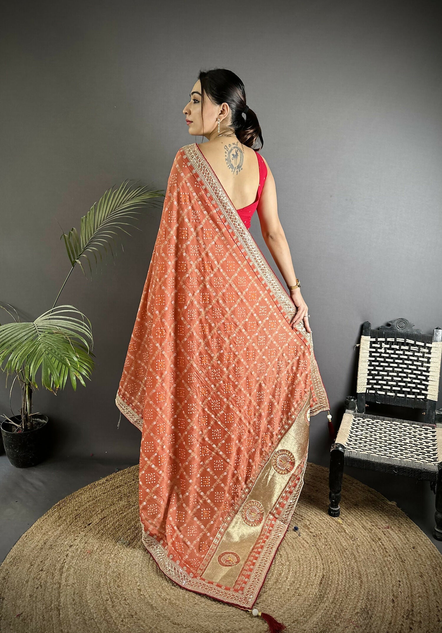 Peach Vichitra Silk Bandhani Print Saree with Traditional Motifs