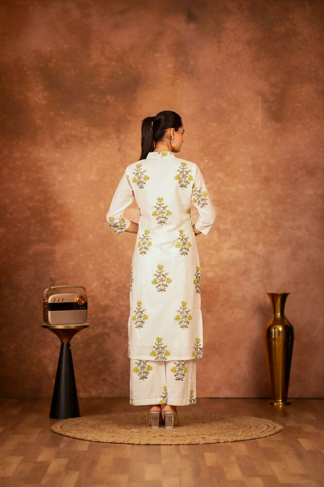 Off White and Yellow Hand Block Printed Cotton Suit Set
