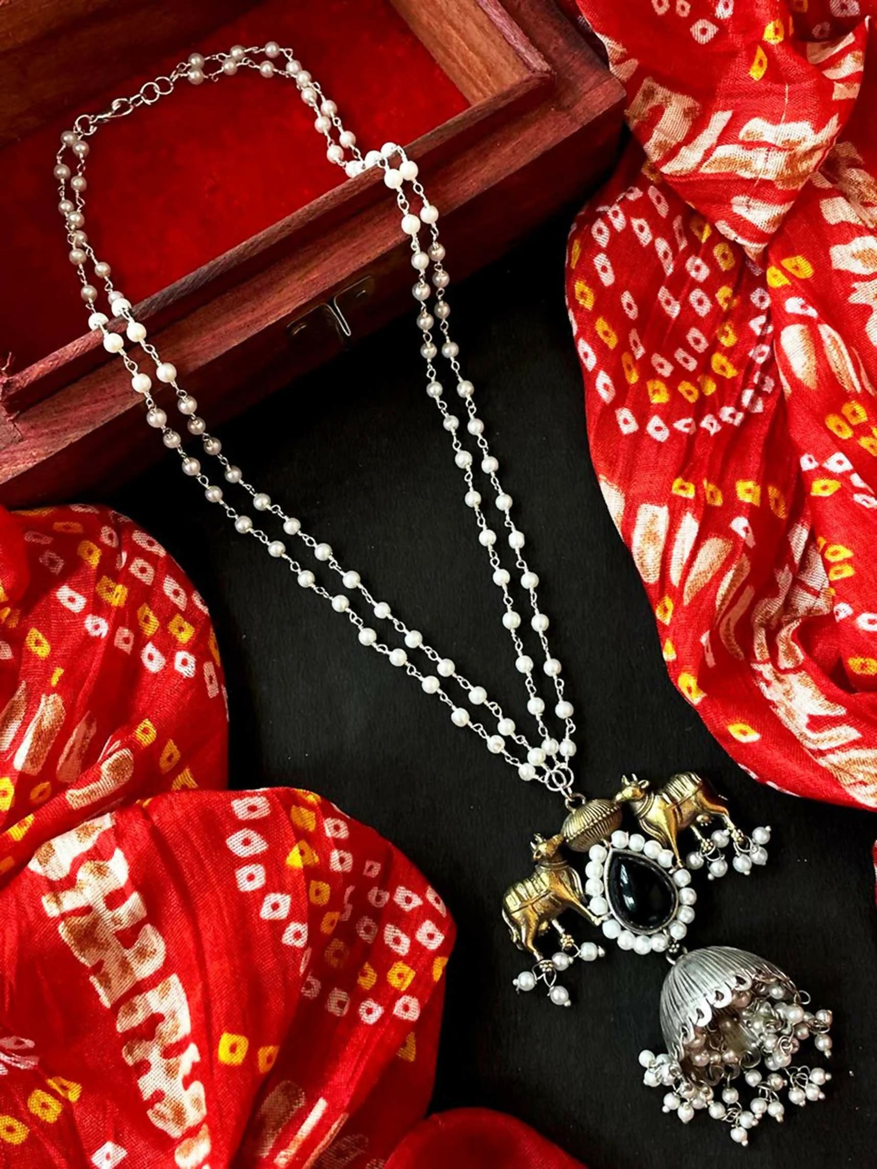 A stylish Joban Fashion black brass dual tone pendant necklace featuring a beaded chain design.