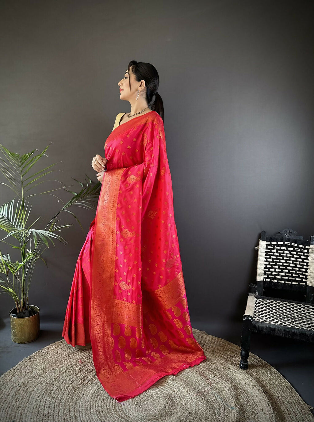 Hot Pink Banarasi Woven Soft Silk Saree with Matching Blouse