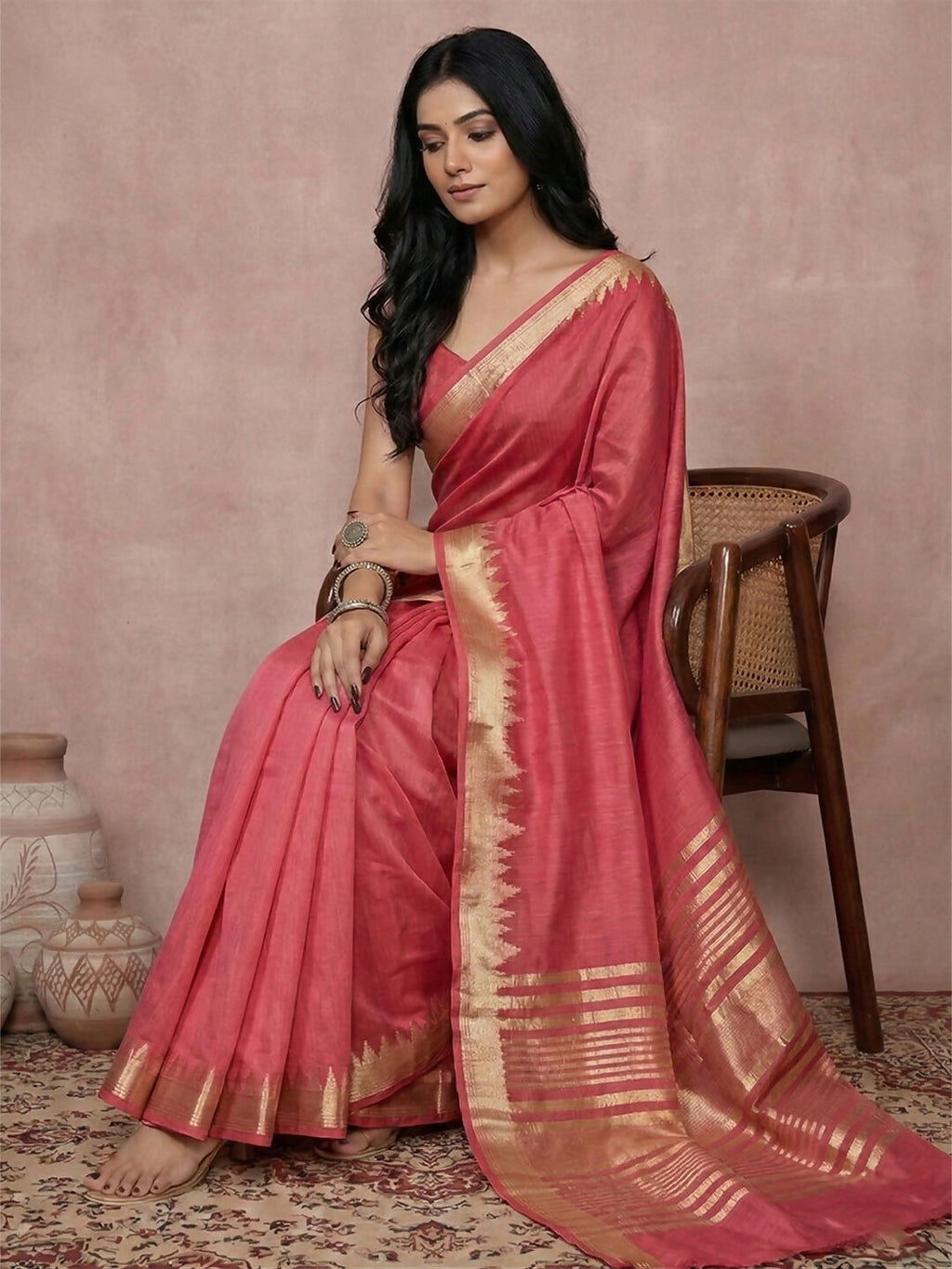 Maroon Cotton Saree with Matching Blouse Piece