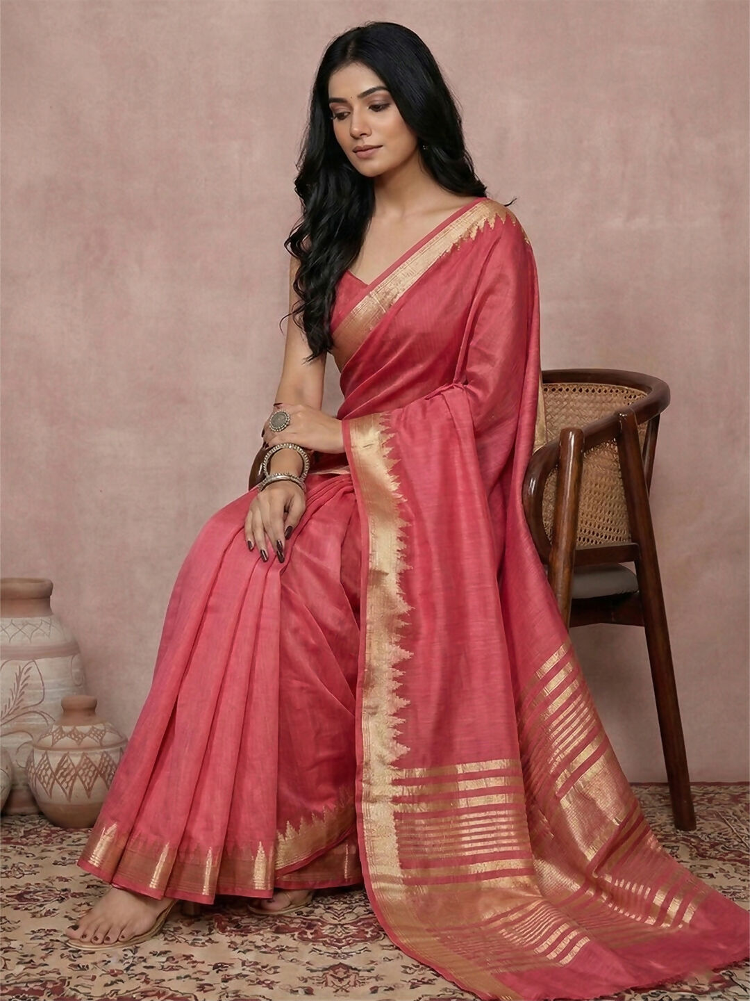 Maroon Cotton Saree with Matching Blouse Piece