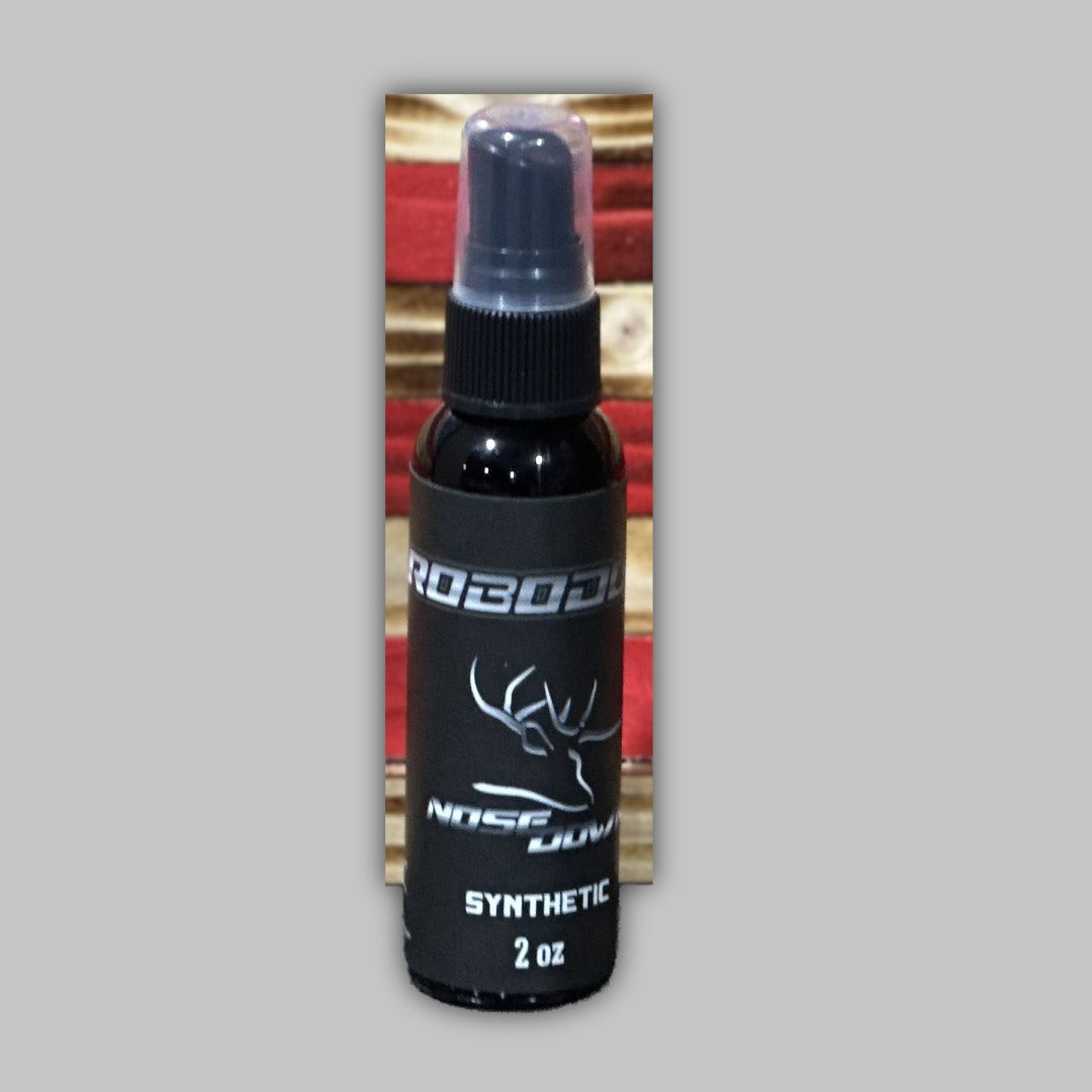 A 2oz monochromatic black and white spray bottle of RoboDoe synthetic scent for outdoor use.