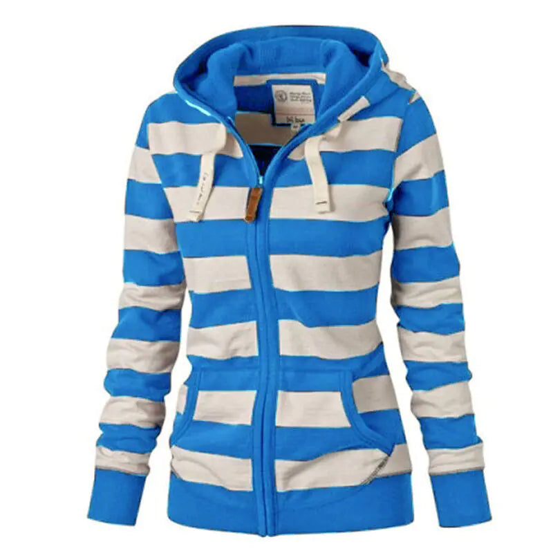 Women's Black and White Striped Zip-Up Hoodie Sweatshirt - Image 24