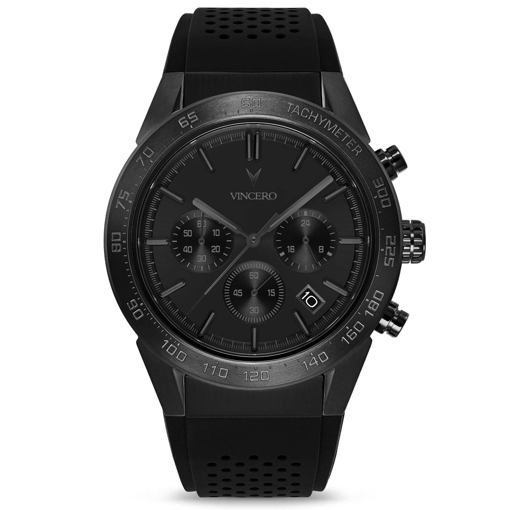 The Rogue Stealth chronograph watch by Vincero Collective with black silicone band and stainless steel case