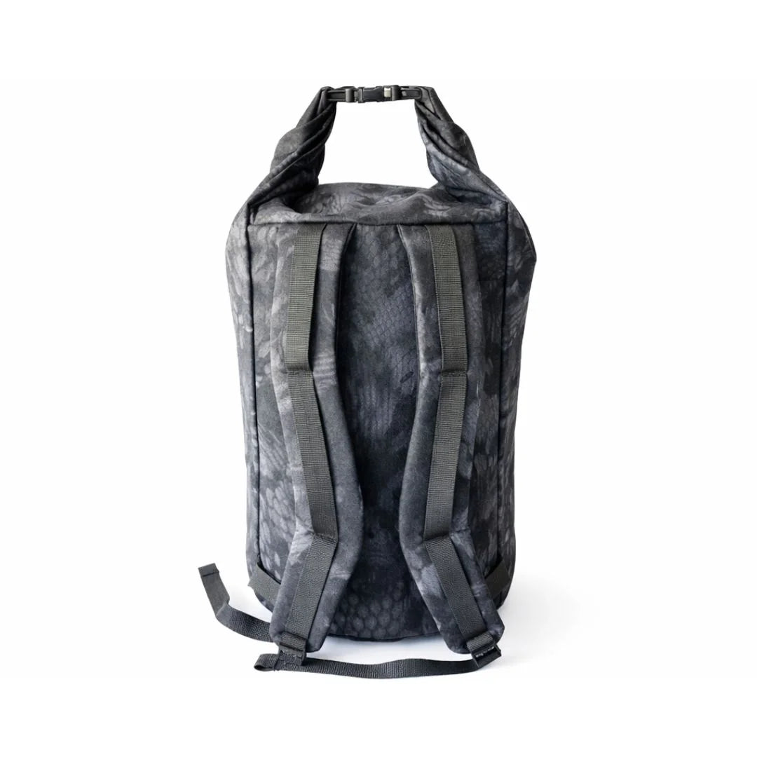 50L Roll Top Duffle Backpack in black and grey, showing water-resistant polyester fabric.