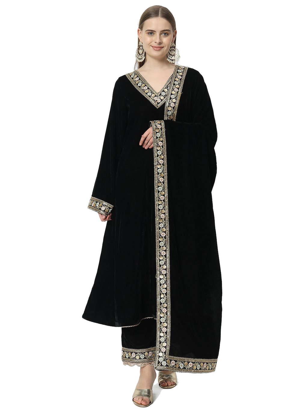 Black velvet suit set with elegant lace detailing, perfect for evening formal wear.