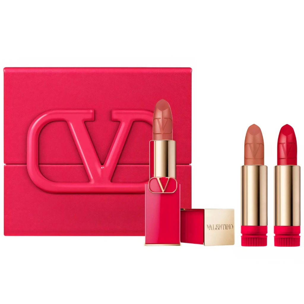 Refillable Rosso Valentino couture lipstick set with red, nude, and gold shades.