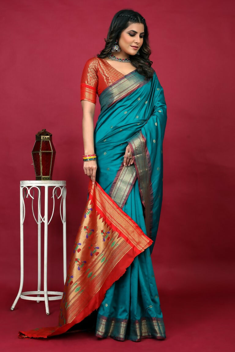 Sky Blue Paithani Silk Zari Woven Saree with Red Blouse