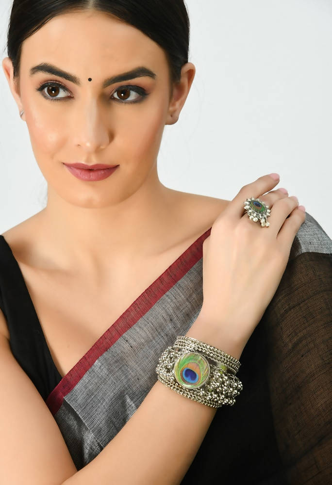 Oxidised metal cuff bracelet with delicate ghungroo bells for women