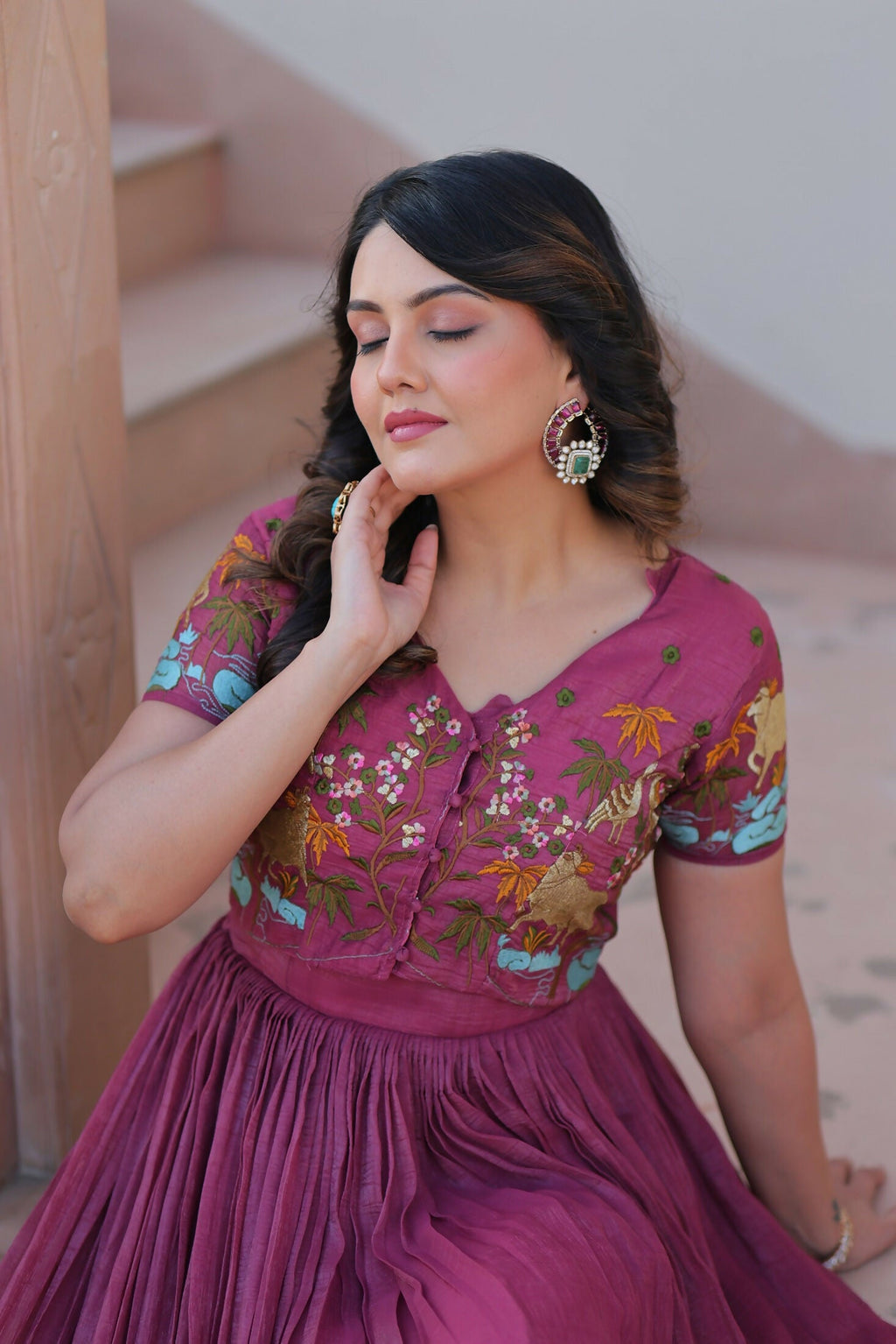 Pink Crunchy Fabric Kurta Set with Sequence Embroidery