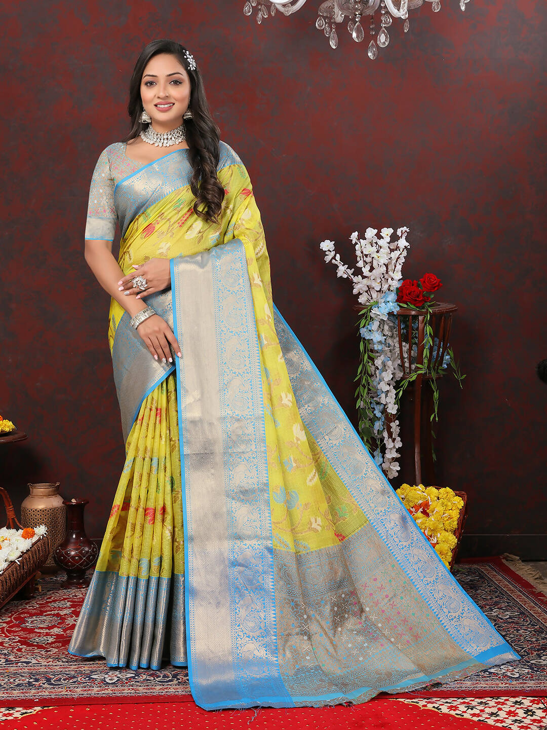 Vibrant yellow cotton saree with traditional gold Zari Meenakari weaving
