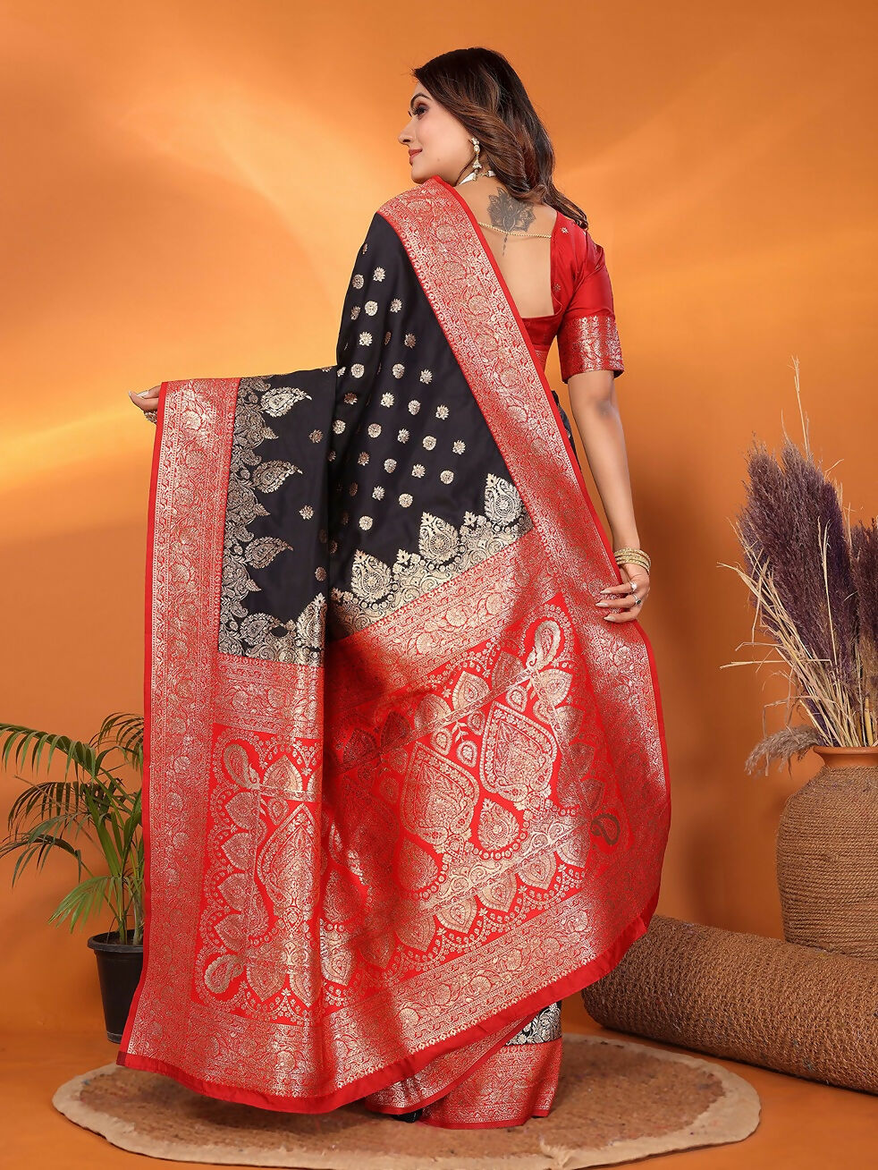 Black Banarasi Woven Soft Silk Saree with Matching Blouse
